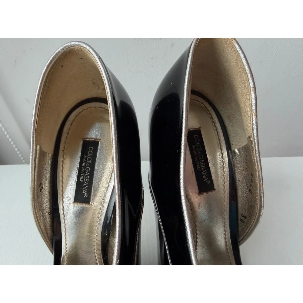 Dolce & Gabbana Patent Leather Peep Toe Heels Black Gold IT 38 Vintage US8